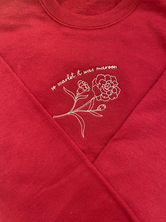 so scarlet it was maroon red carnation rose embroidered sweatshirt